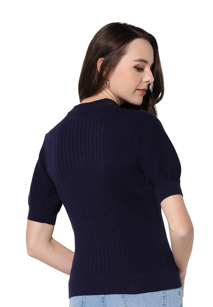 VOIR JEANS Keyhole Puff Sleeves Knit Top