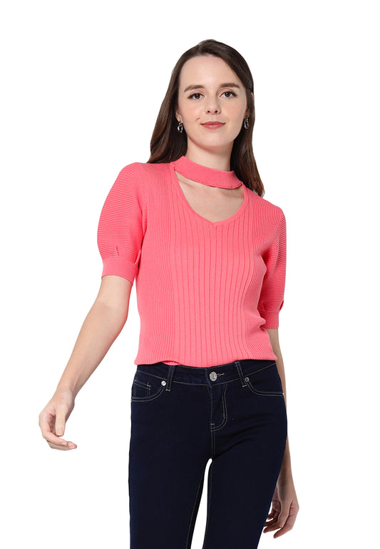 VOIR JEANS Keyhole Puff Sleeves Knit Top