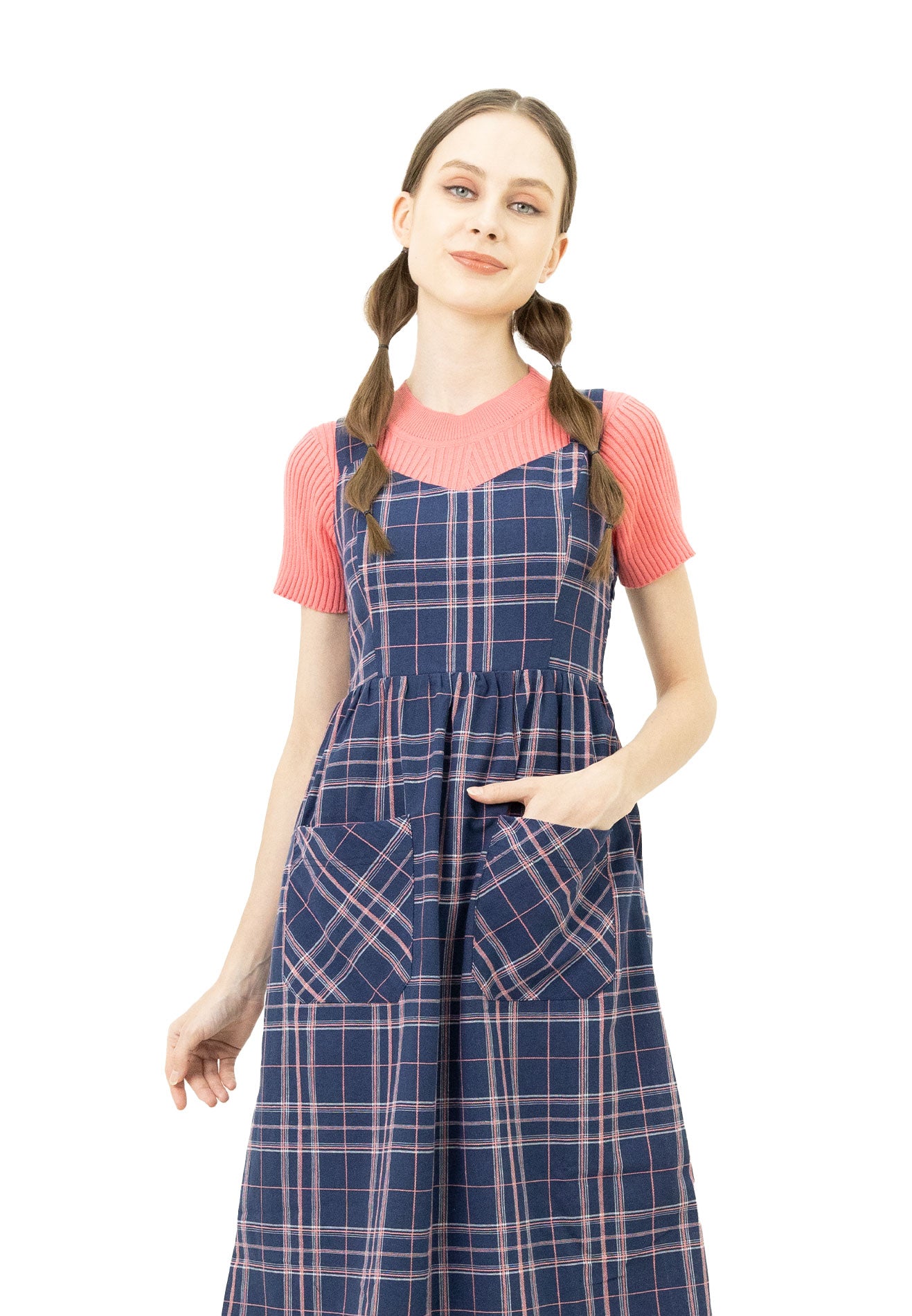 VOIR JEANS Plaid Fitted Pinafore Dress