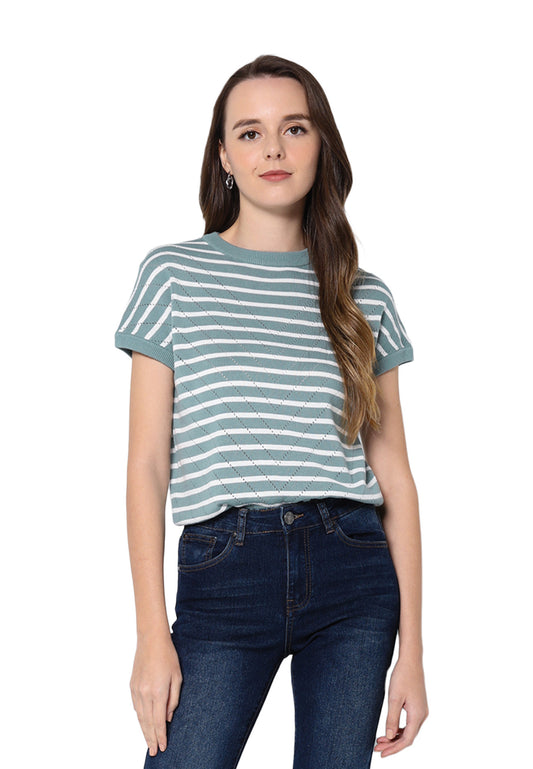 VOIR JEANS Striped Short Sleeves Knit Top
