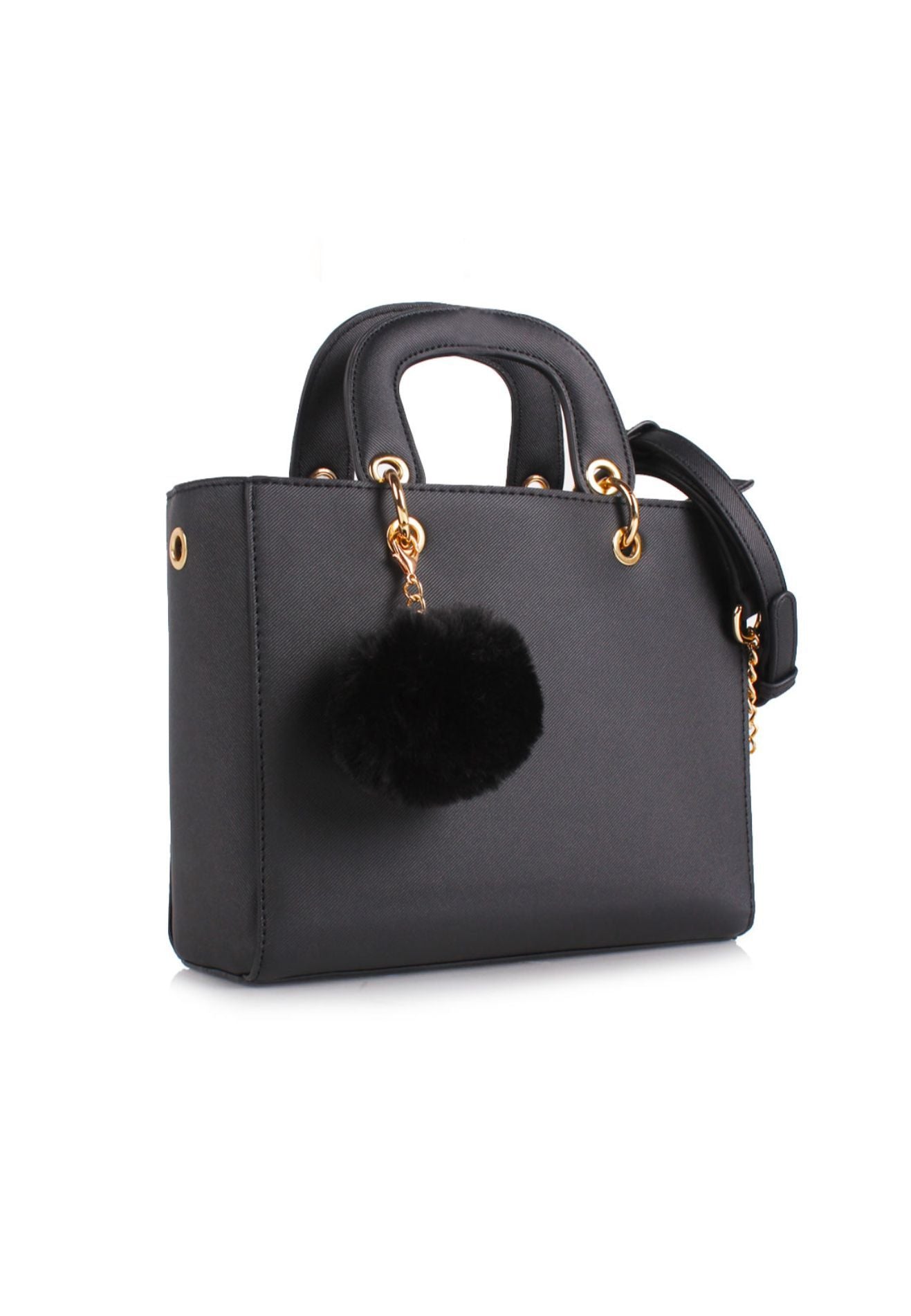Black Handbag with fur fuzzy ball charms
