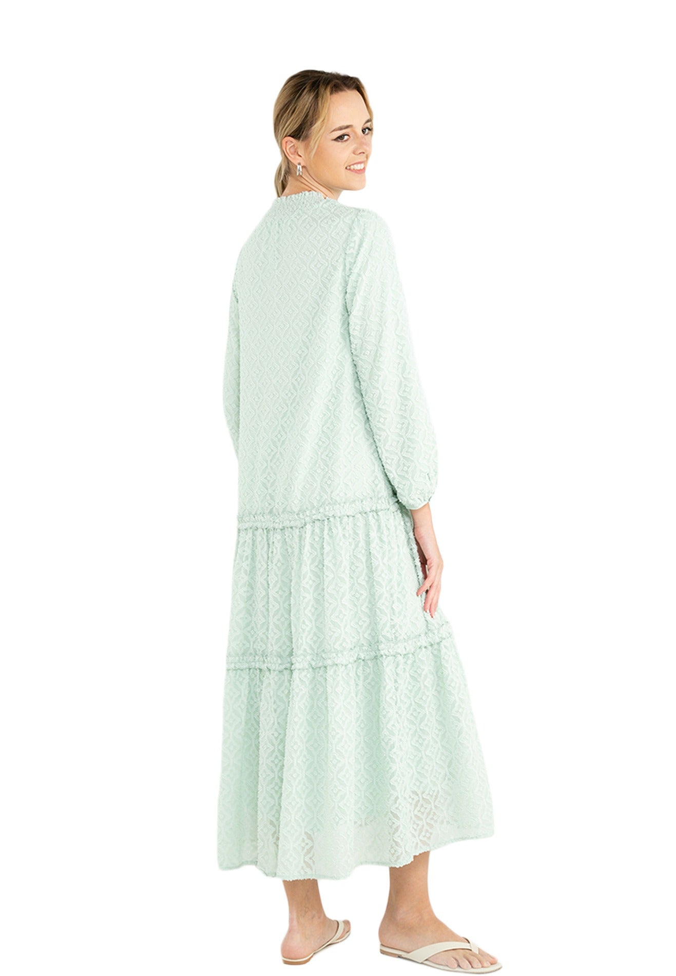 ELLE Apparel Tufted Lace Ruffle Hemline Maxi Dress
