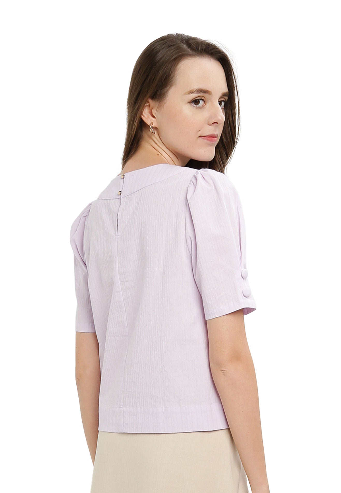 ELLE Apparel Round Neck Button Details on Sleeves Blouse