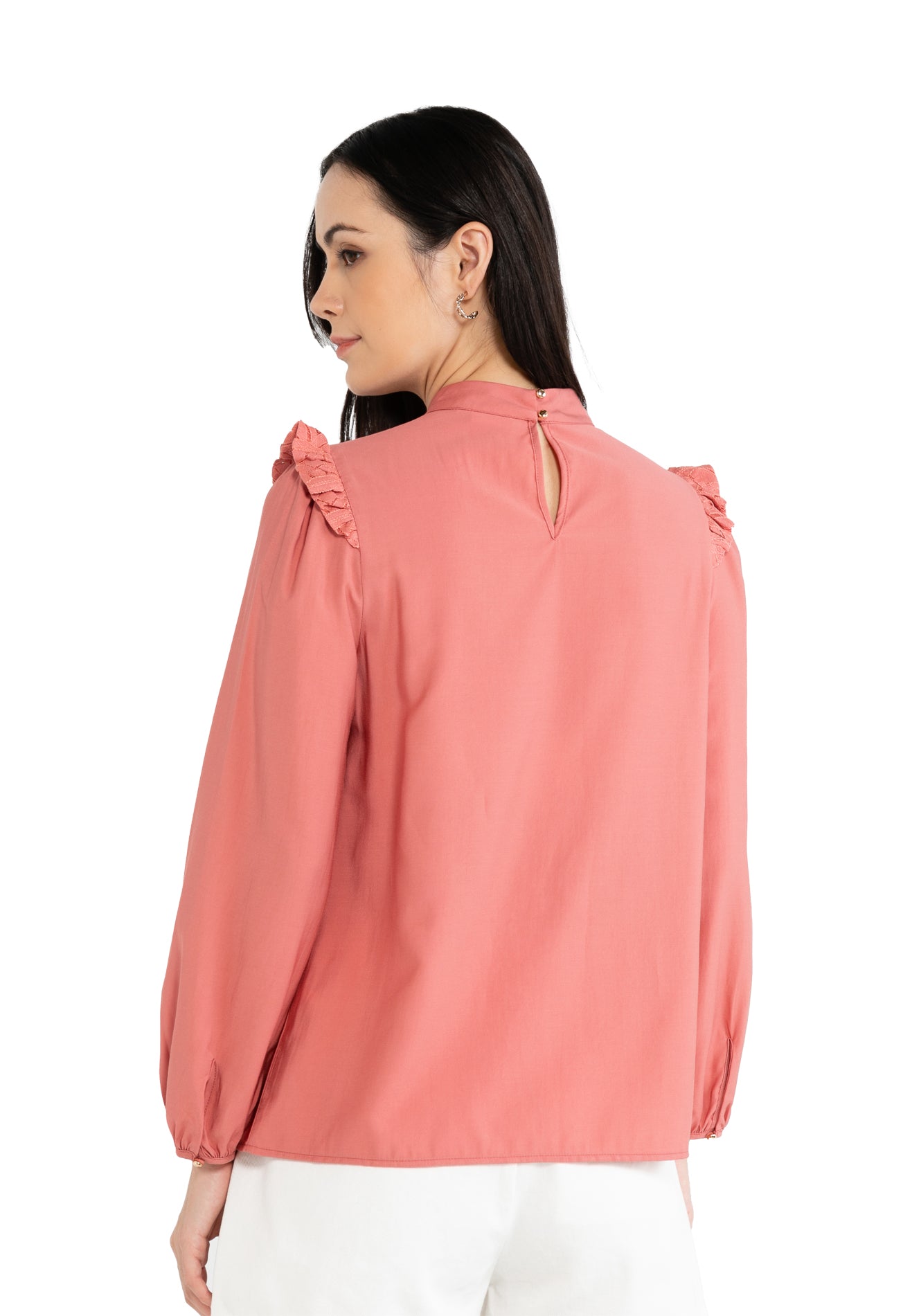 ELLE Apparel High Neck Blouse with Ruffle Bishop Sleeves