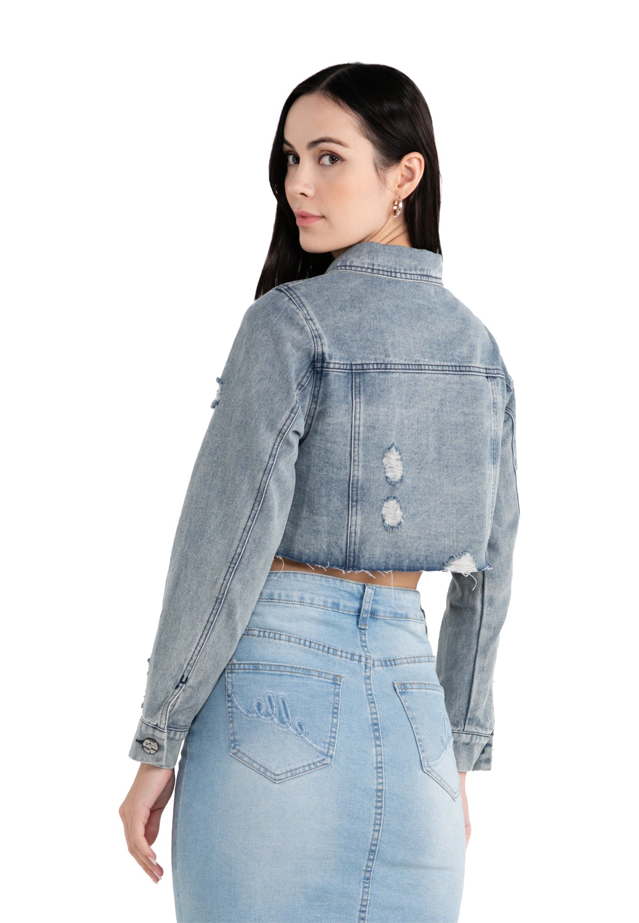 ELLE Apparel Ripped Raw Trimmed Crop Denim Jacket