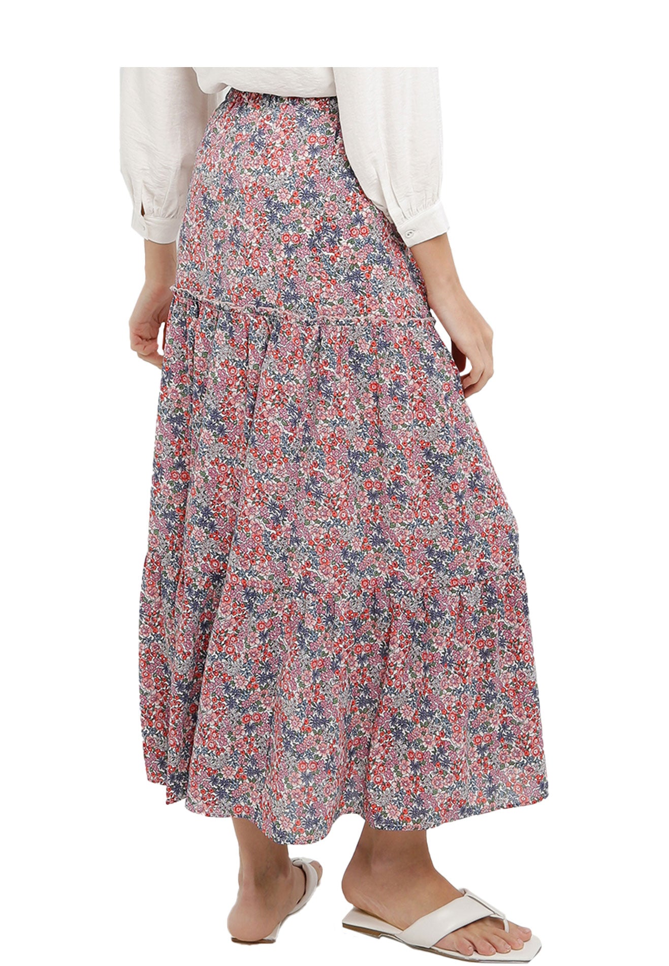 ELLE Apparel Floral Print Ruffle Hem Maxi Skirt
