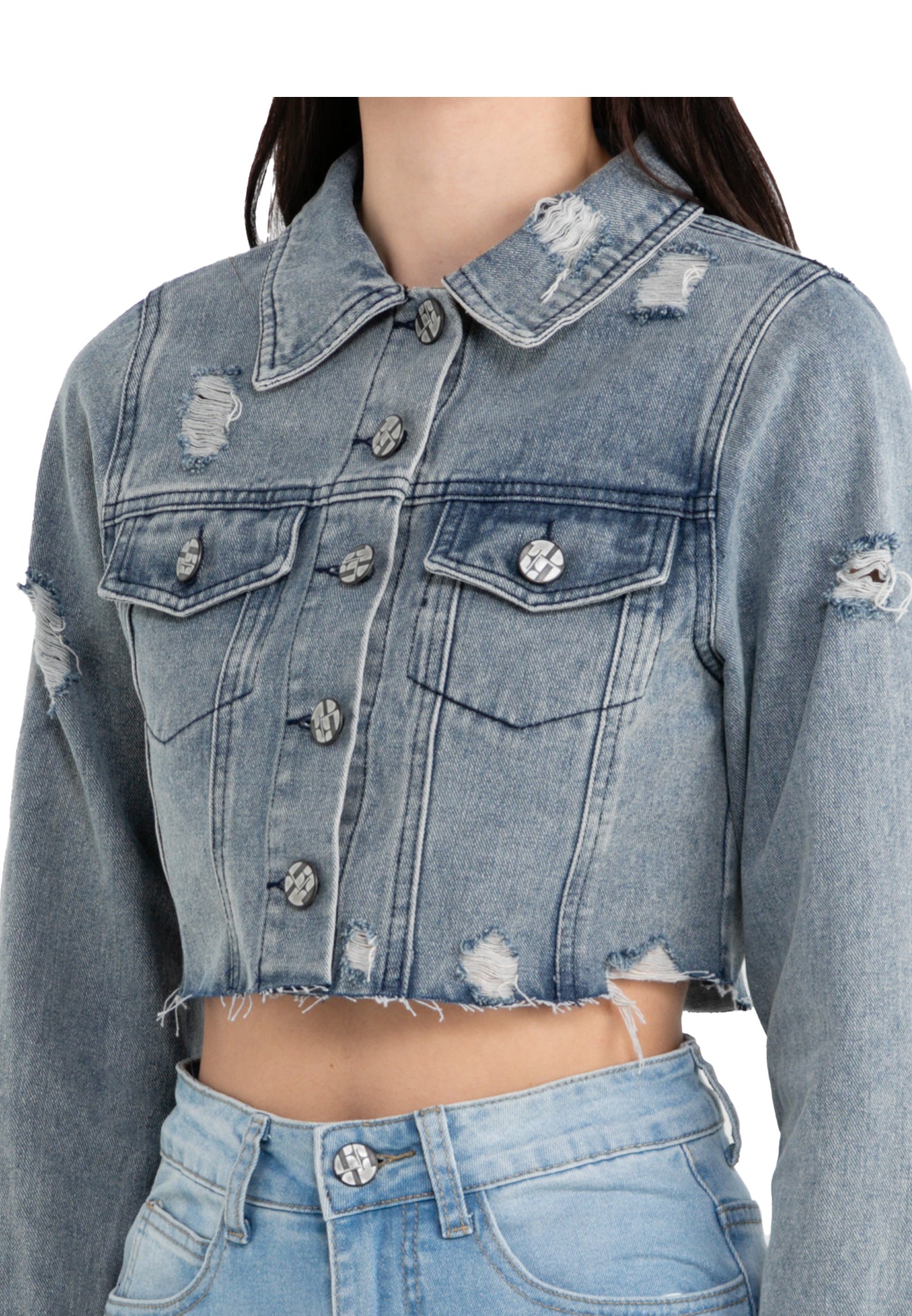 ELLE Apparel Ripped Raw Trimmed Crop Denim Jacket
