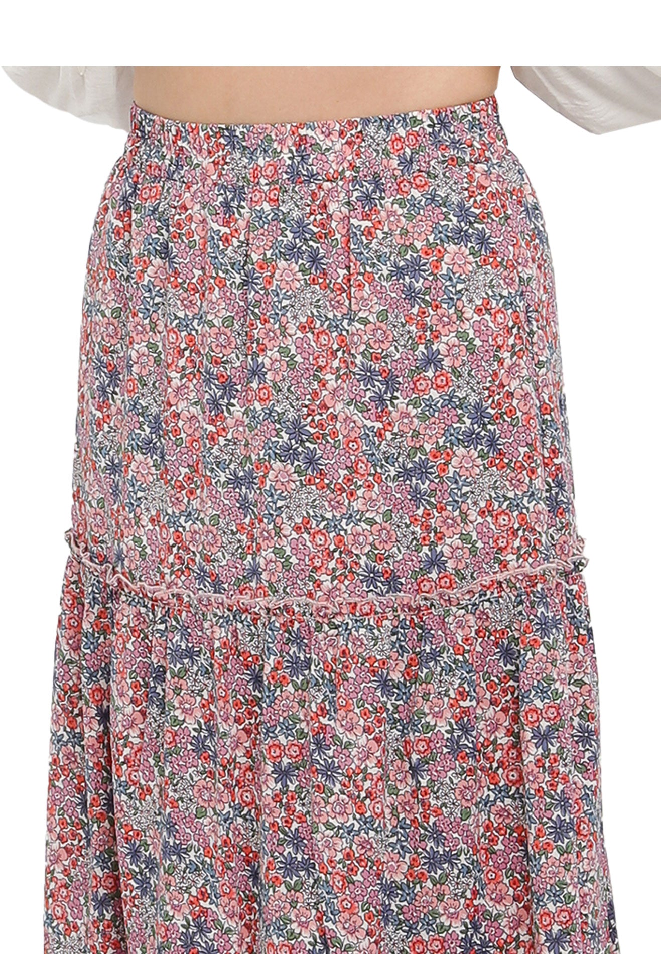 ELLE Apparel Floral Print Ruffle Hem Maxi Skirt