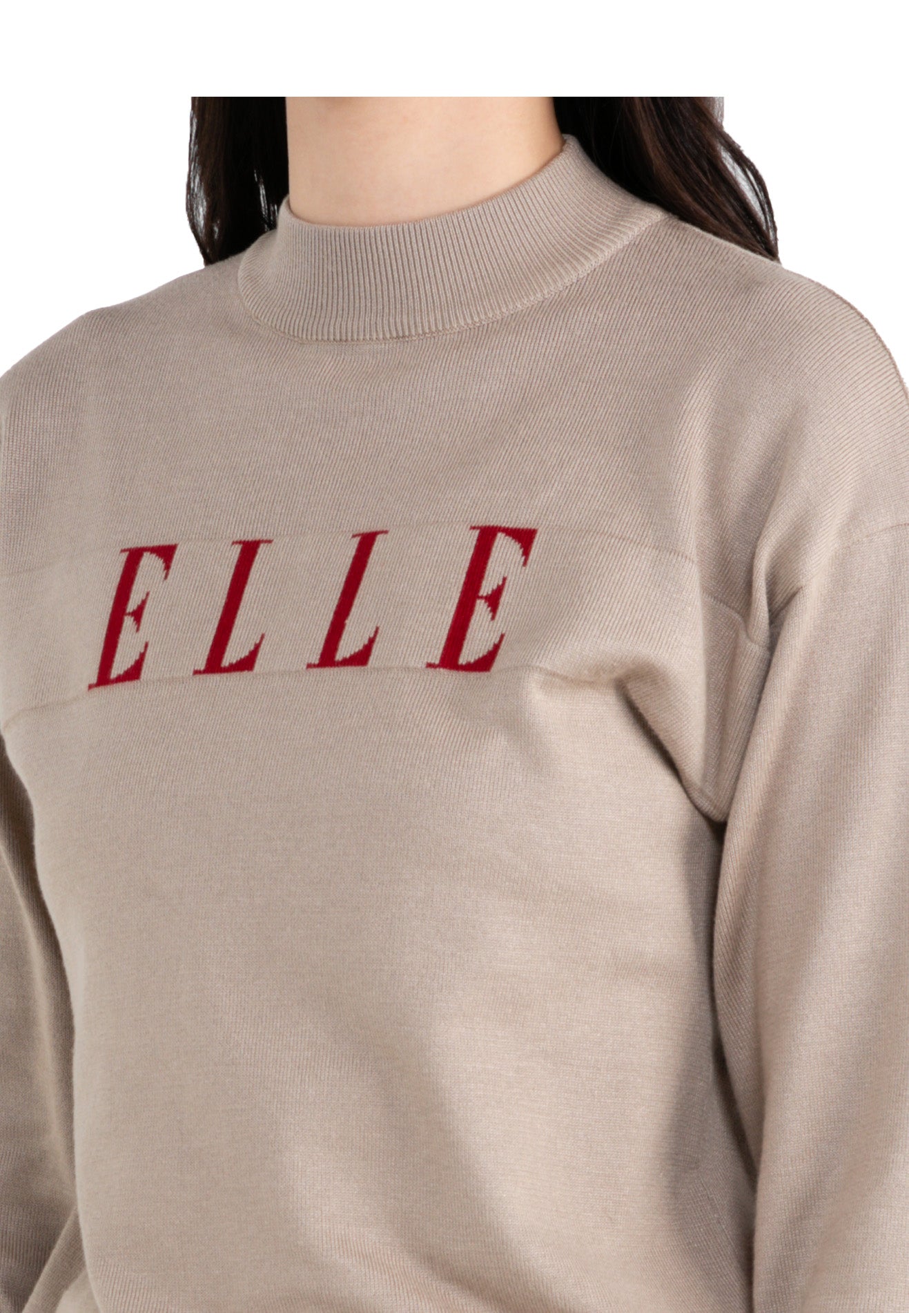 ELLE Apparel Knitted Mock Neck Logo Long Sleeves Sweater