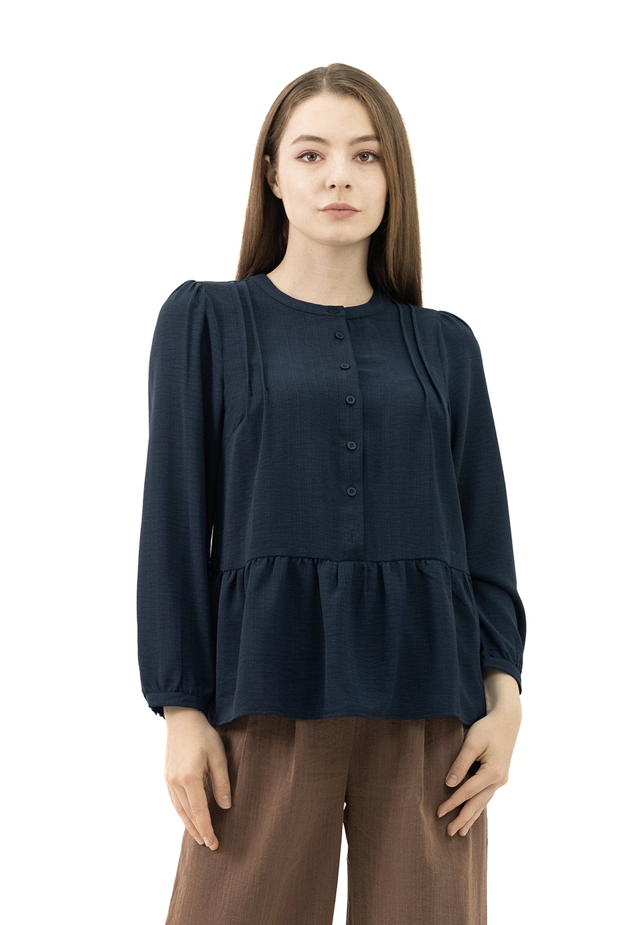 DAISY By VOIR Button Front Ruched Peplum Blouse