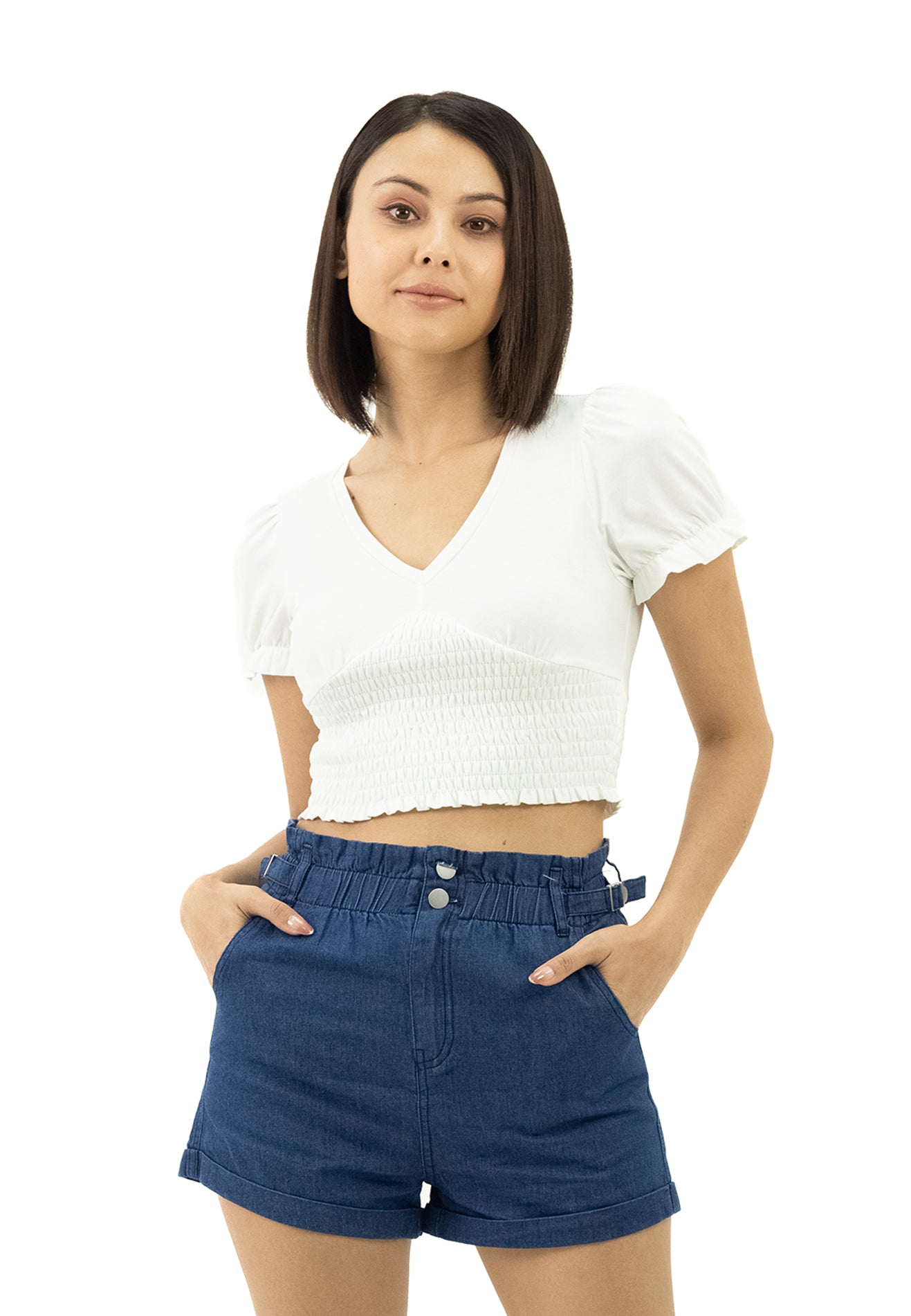VOIR JEANS Ruched Shirred Crop Top
