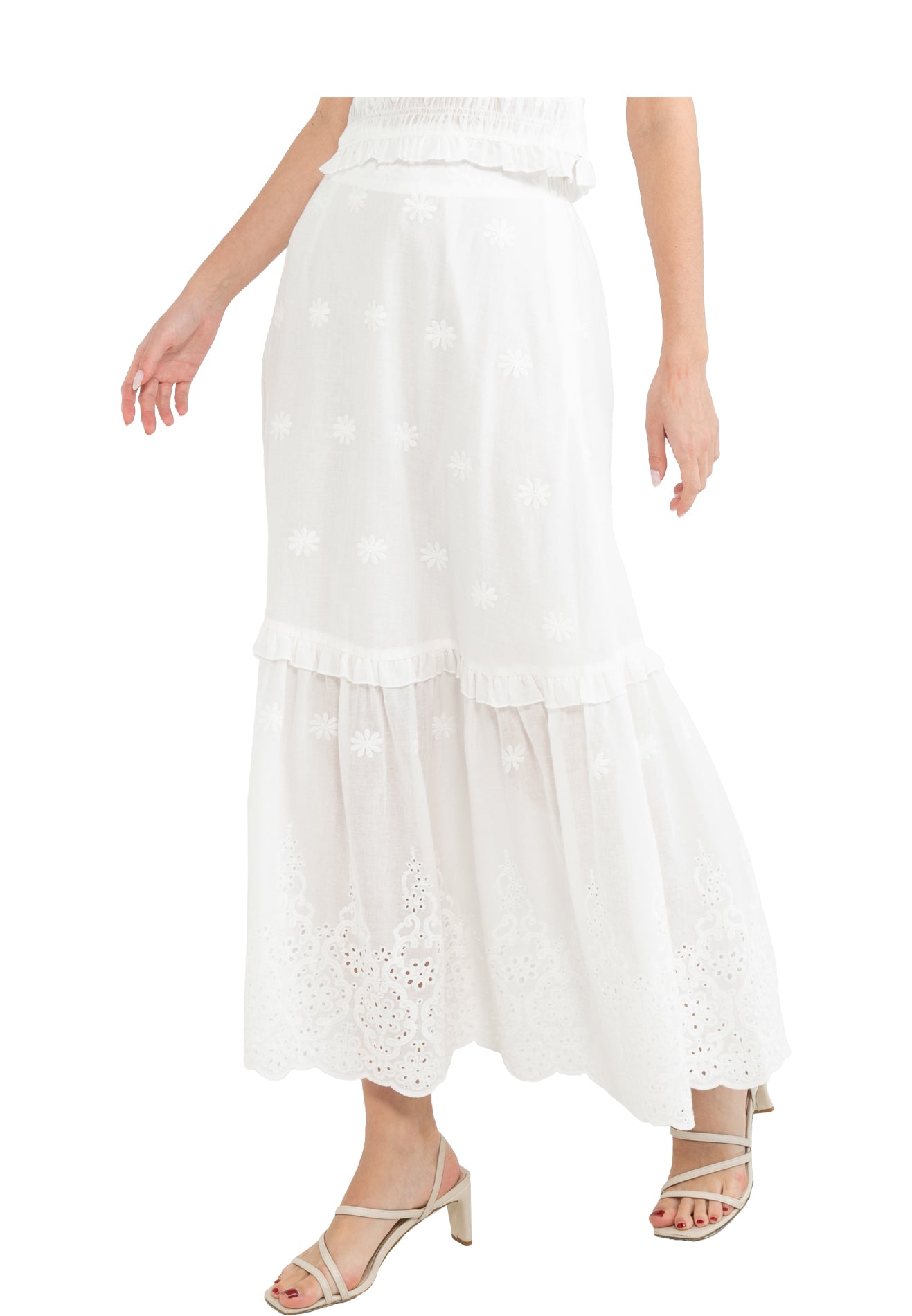 ELLE Apparel Floral Embroidery Tiered Maxi Skirt with Side Zipper