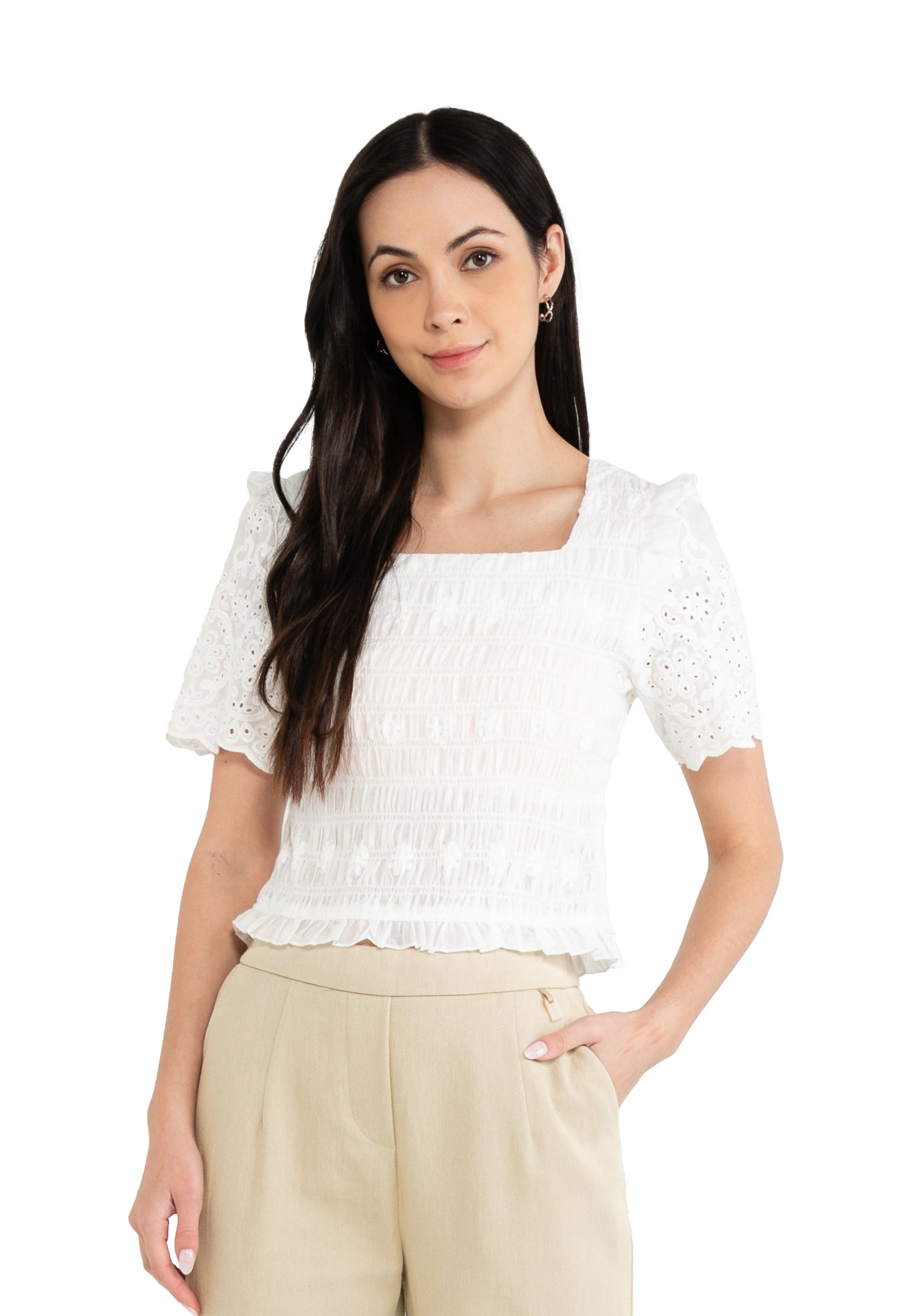 ELLE Apparel Floral Embroidery Square Neck Top