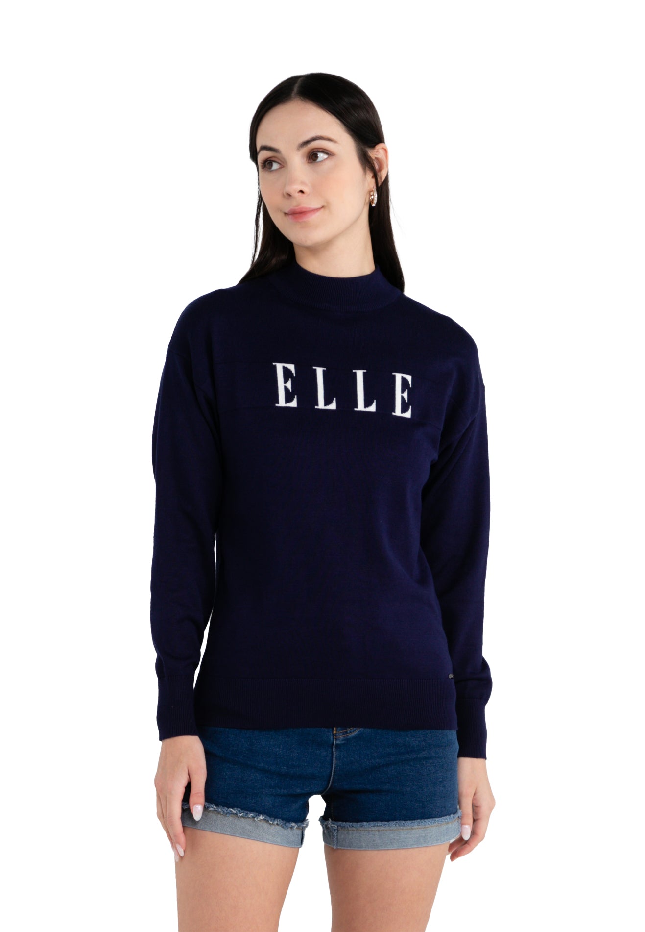 ELLE Apparel Knitted Mock Neck Logo Long Sleeves Sweater