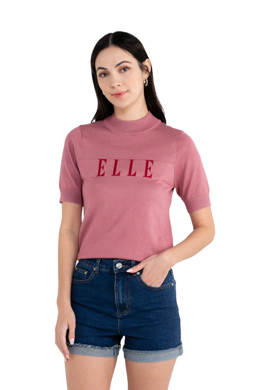 ELLE Apparel Knitted Mock Neck Logo Knit Top