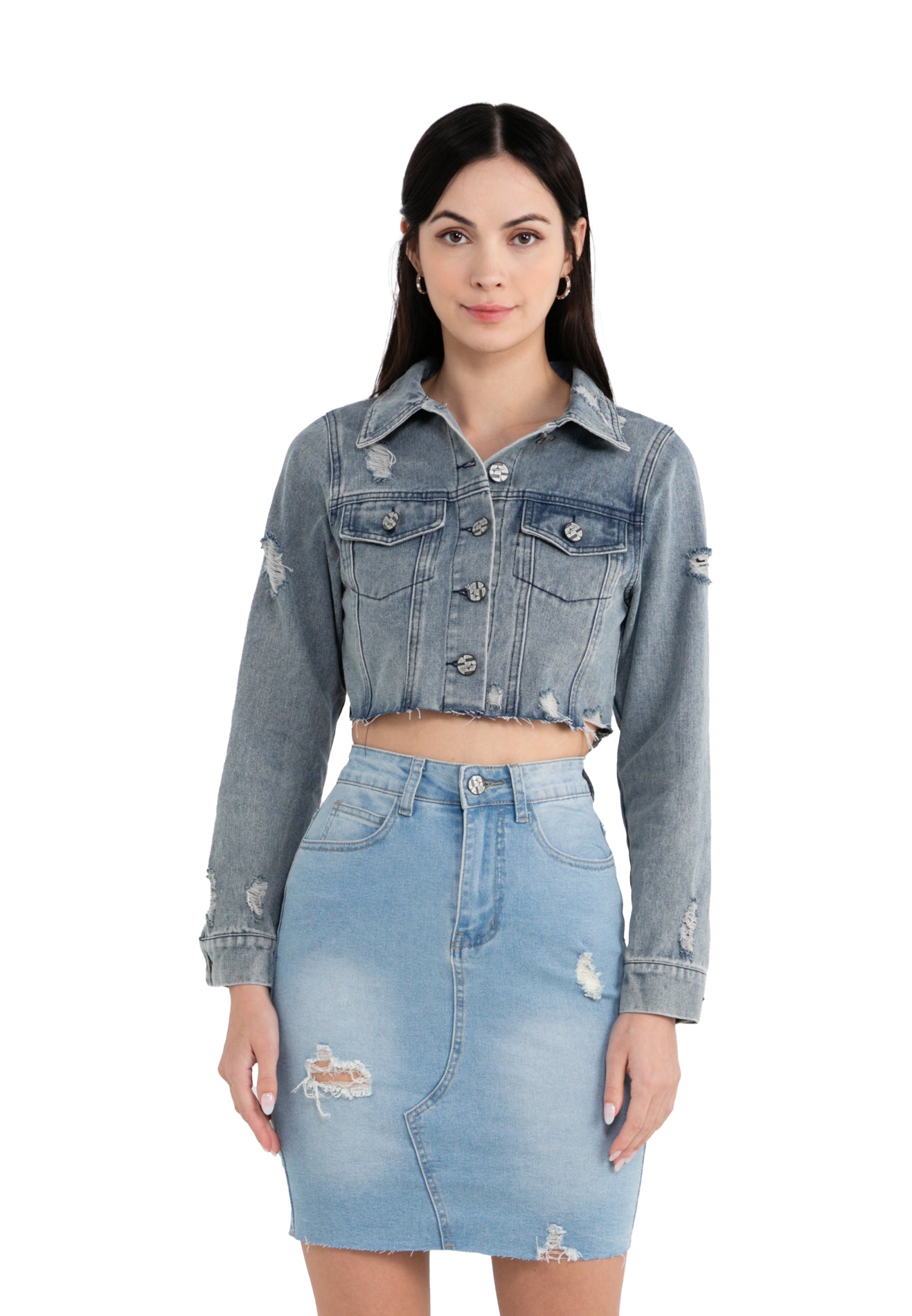 ELLE Apparel Ripped Raw Trimmed Crop Denim Jacket