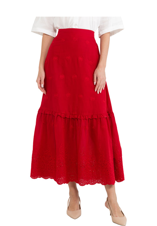 ELLE Apparel Floral Embroidery Tiered Maxi Skirt with Side Zipper