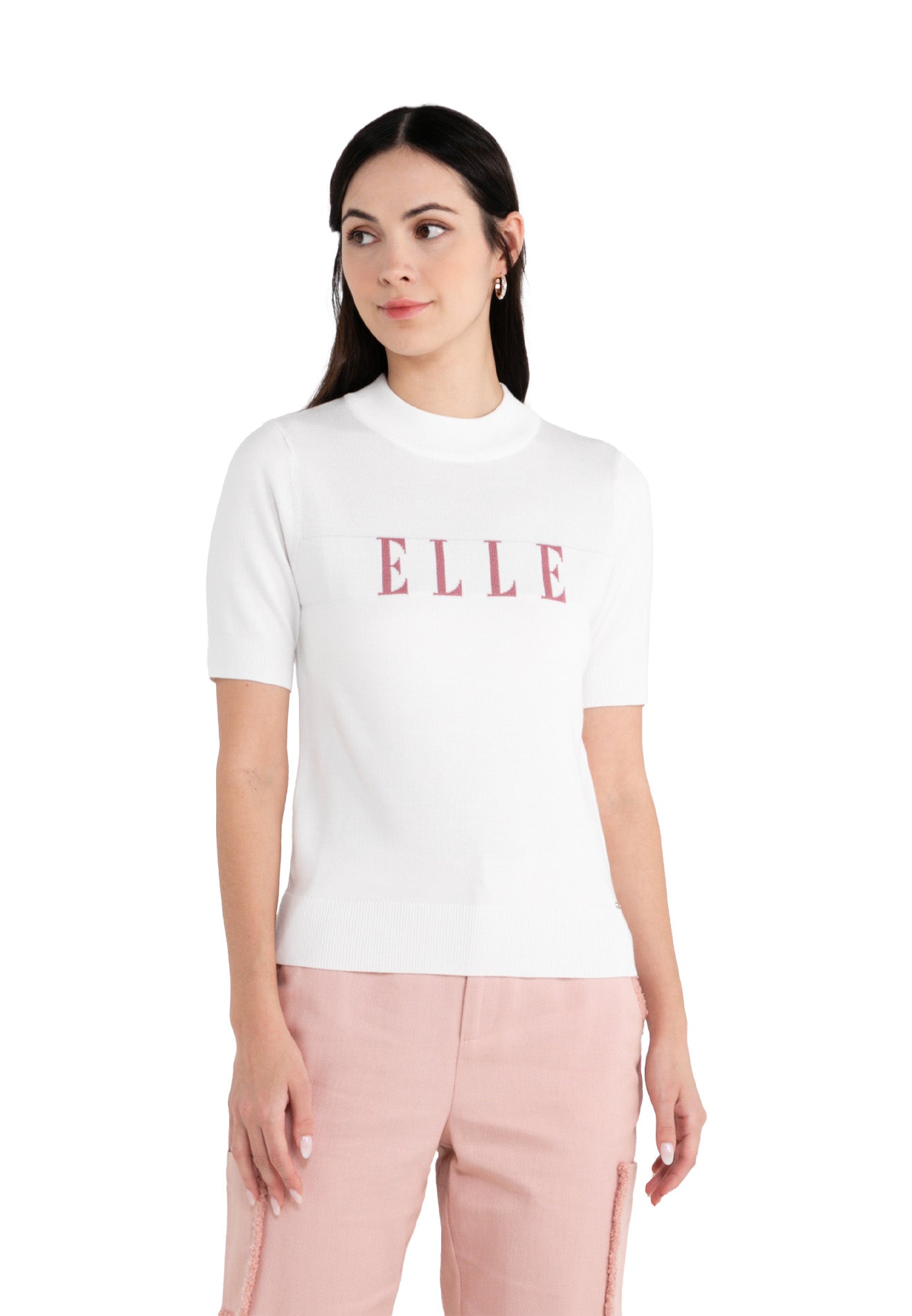 ELLE Apparel Knitted Mock Neck Logo Knit Top