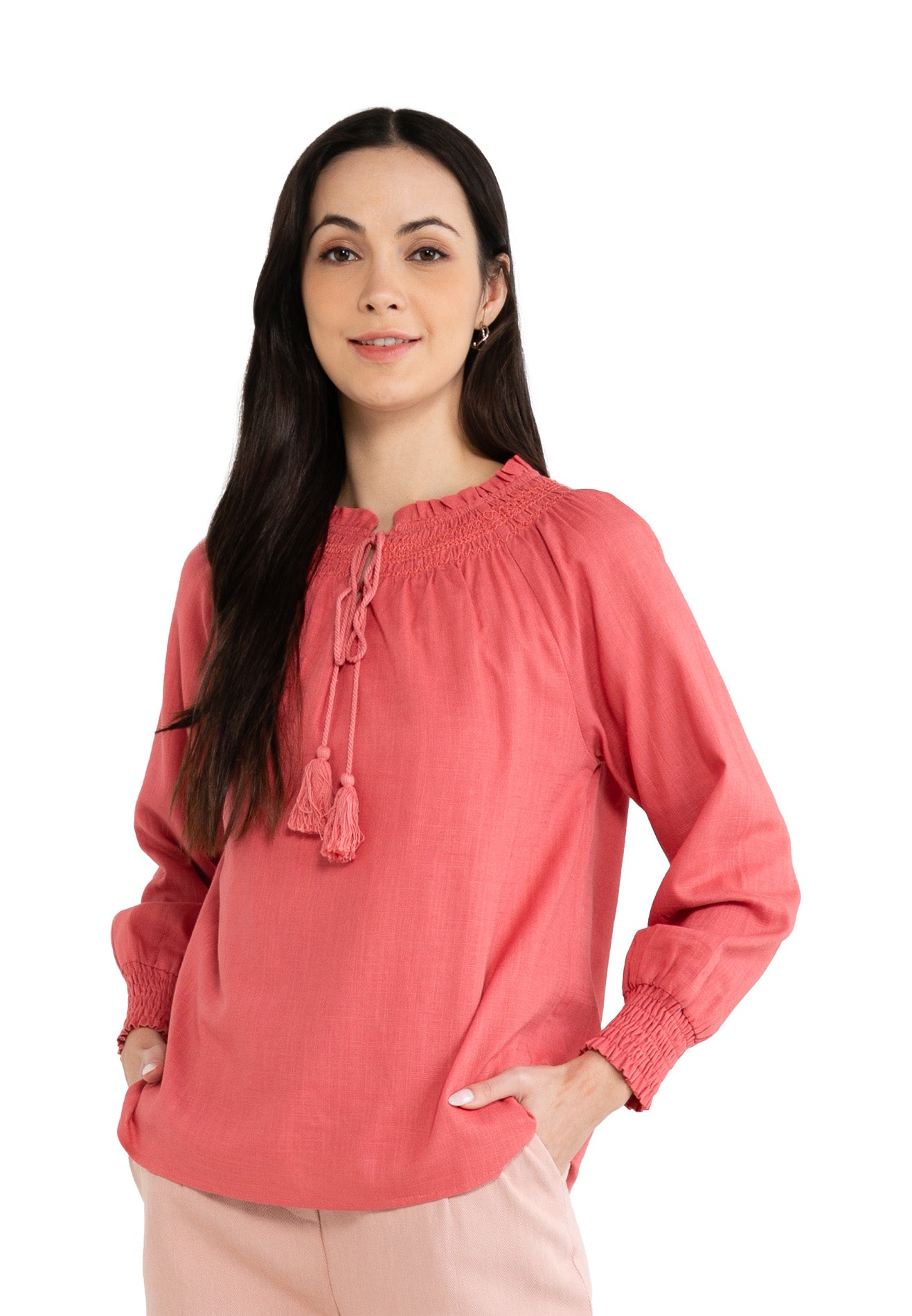 ELLE Apparel Ruffle Neck Tie Front Blouse