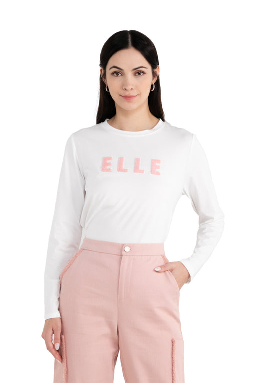 ELLE Leisure Fuzzy Logo Basic Long Sleeve Tee
