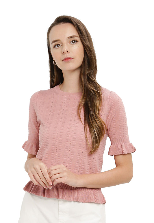ELLE Apparel Ruffle Sleeves & Hem Knit Top