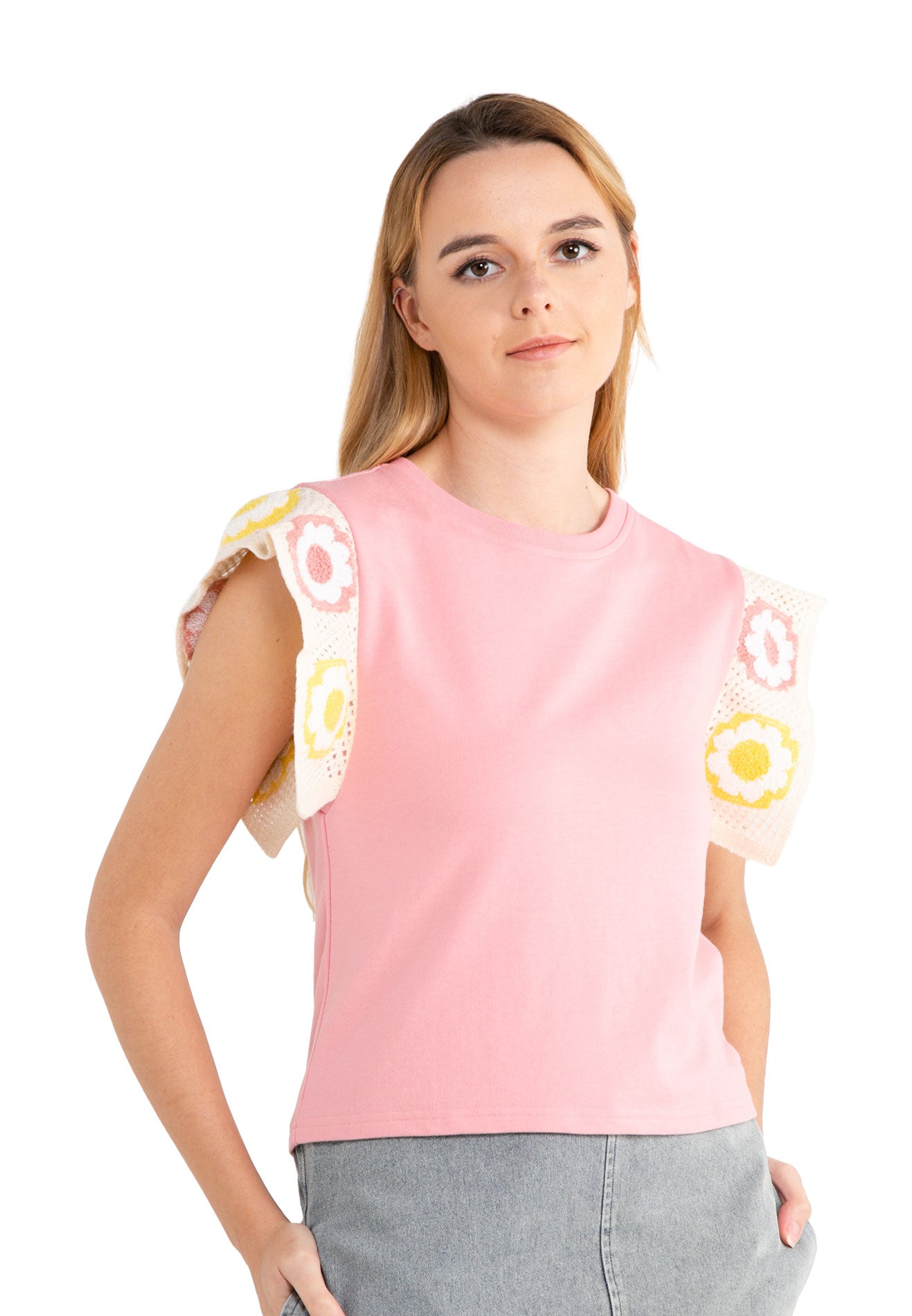 VOIR JEANS Casual Tee with Knitted Floral Sleeves