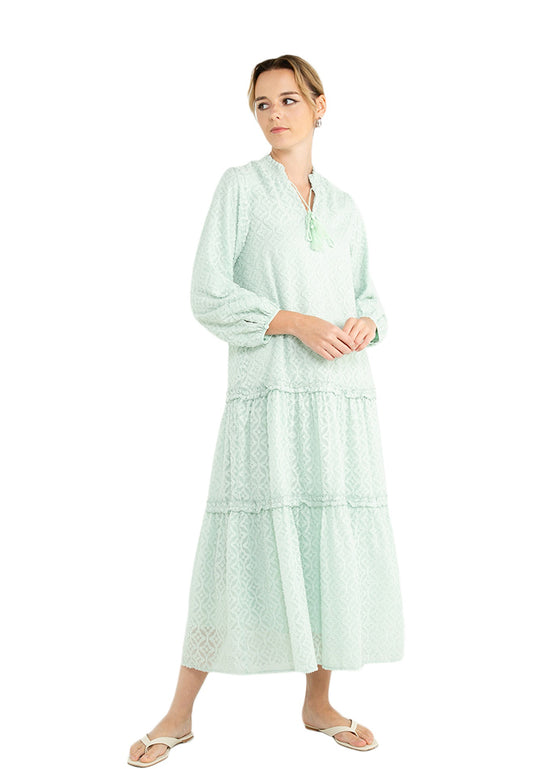 ELLE Apparel Tufted Lace Ruffle Hemline Maxi Dress