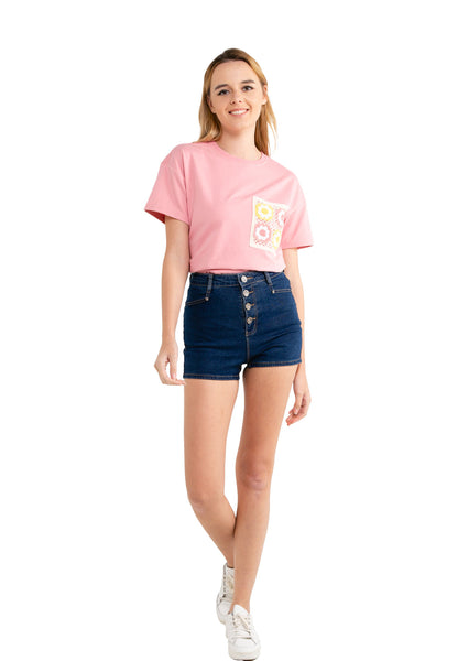VOIR JEANS Oversize Tee with Floral Knitted Pocket